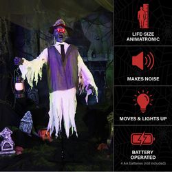 Haunted Hill Farm 5.9 ft. Zombie with Lantern Animatronic