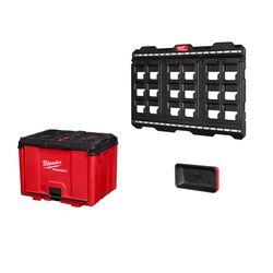 Milwaukee PACKOUT Shop Storage Wall Plate with Cabinet and Magnetic Bin Bundle