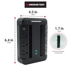 Monster Just Power It Up 0 ft. L 6 outlets Wall Tap Surge Protector w/USB Black 1200 J