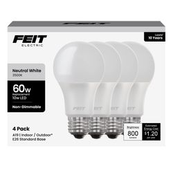 Feit A19 E26 (Medium) LED Bulb Neutral White 60 Watt Equivalence 4 pk