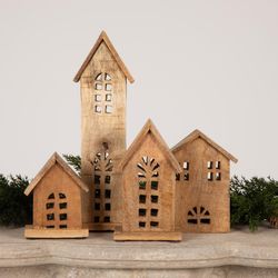 Creative Co-Op Carved Mango Wood Houses Table Decor