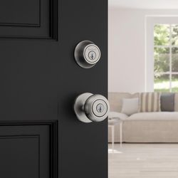 Kwikset SmartKey Security Cove Satin Nickel Deadbolt and Entry Door Knob KW1 1-3/4 in.