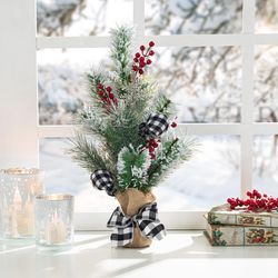Glitzhome Multicolored Flocked Pine and Berries Table Decor 21 in.