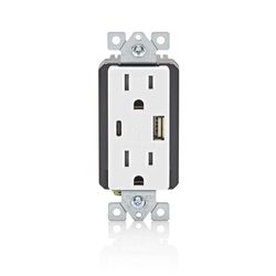 Leviton Decora 15 amps 125 V Type A/C Duplex White Outlet and USB Charger 5-15R 1 pk