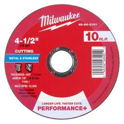 Milwaukee 4-1/2 in. D X 7/8 in. X .045 in. thick Metal Cut-Off Disc 10 pk