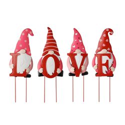 Glitzhome Valentine's Love Gnome Yard Stake Iron 4 pc