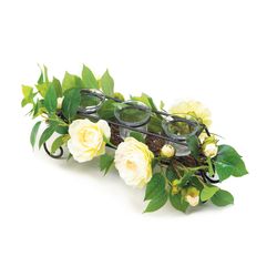Accent Plus 4.5 in. H X 13 in. L White Flowers Glass/Wood Decorative Candle Holder