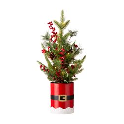 Glitzhome LED Multicolored Lighted Santa Belt Potted Artificial Tree Table Decor 22 in.