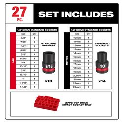 Milwaukee Shockwave 1/2 in. drive Metric/SAE 6 Point Impact Rated Socket Set 27 pc