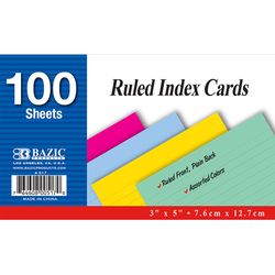 Bazic Products 3 in. H X 5 in. W Ruled Index Cards Assorted Colors 100 pk