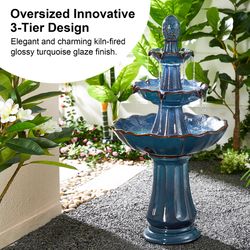 Glitzhome Ceramic Turquoise 45 in. H Pedestal Lotus Outdoor Fountain