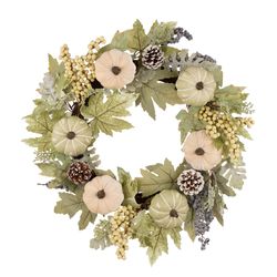 Glitzhome 5 in. Pumpkin Wreath with Green Leaf and Berries Fall Decor