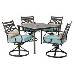 Hanover Montclair 5 pc Java Steel Swivel Rocker Dining Set Ocean Blue