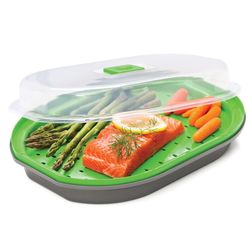 Progressive Prep Solutions Gray/Green Polypropylene Microwave Steamer Plate W/Lid 1 qt