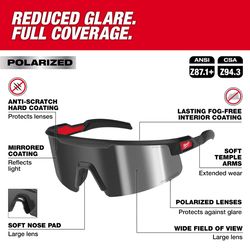 Milwaukee Anti-Fog Polarized Wrap Around Safety Glasses Silver Mirror Lens Black Frame 1 pair