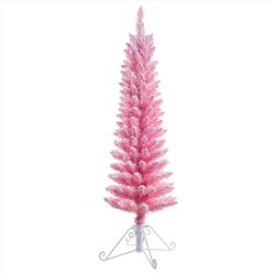 Haute Decor 4 ft. Slim Incandescent 50 ct Pink Cotton Candy Flocked Fir Christmas Tree