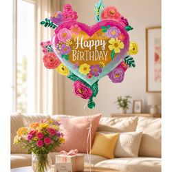 Anagram Balloons Birthday Painted Flowers Foil Balloon 1 pk