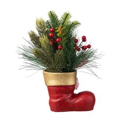 Glitzhome Multicolored Christmas Red Boot with Pine Needle & Berry Centerpiece 14 in.