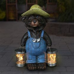 Exhart Multicolored Plastic/Resin 12.5 in. H X 6.5 in. L X 8.5 in. W Bear with Two Firefly Jar Solar