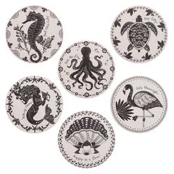 Karma Black/White Ceramic Coastel Coaster Set 4 in. D 6 pc