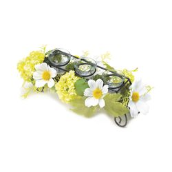 Accent Plus 4.5 in. H X 13 in. L White and Yellow Daisy Glass/Wood Decorative Candle Holder