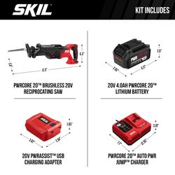 SKIL 20V PWR CORE 20 Cordless Brushless Reciprocating Saw Kit (Battery & Charger)