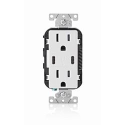 Leviton Decora 15 amps 125 V Duplex and Type C White Outlet and USB Charger 5-15R 1 pk