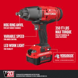CRAFTSMAN V20 1/2 in. Cordless Brushed Impact Wrench Kit (Battery & Charger)
