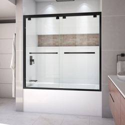 DreamLine Encore 58 in. H X 56-60 in. W Satin Black Semi-Frameless Tub Door