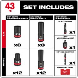 Milwaukee Shockwave 3/8 in. drive Metric/SAE 6 Point Standard/Deep Impact Rated Socket Set 43 pc
