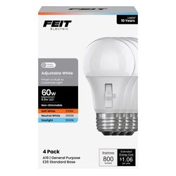 Feit A19 E26 (Medium) LED Bulb Adjustable White 60 Watt Equivalence 4 pk