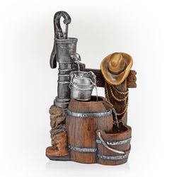 Alpine Polyresin Brown Vintage Pump and Barrel with Cowboy Hat Fountain