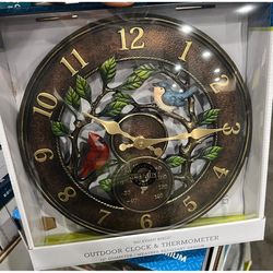 EZRead Backyard Birds Clock/Thermometer Polyresin Bronze 12 in.