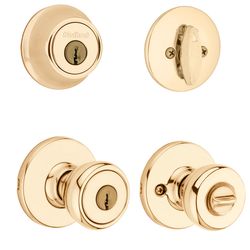 Kwikset Tylo Polished Brass Deadbolt and Passage Door Knob 1-3/4 in.
