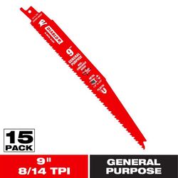 Diablo 9 in. Bi-Metal Reciprocating Saw Blade 8/14 TPI 15 pk