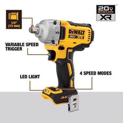 DeWalt 20V MAX XR 1/2 in. Cordless Brushless Mid-Range Impact Wrench Kit (Battery & Charger)