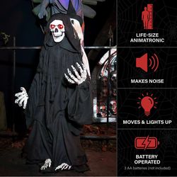 Haunted Hill Farm 3.9 ft. Sitting Reaper with Hide and Seek Ghost Animatronic