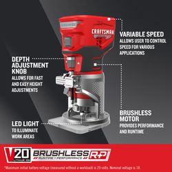 CRAFTSMAN V20 Cordless Fixed Base Router Tool Only
