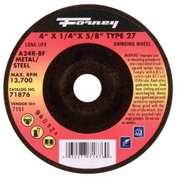 Forney 4 in. D X 5/8 in. in. X 1/4 in. thick Metal Grinding Wheel 1 pc