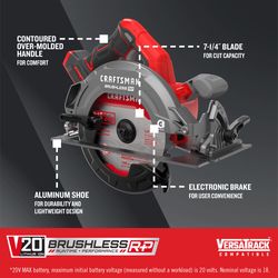 CRAFTSMAN V20 BRUSHLESS RP 7-1/4 in. Cordless Brushless Circular Saw Tool Only