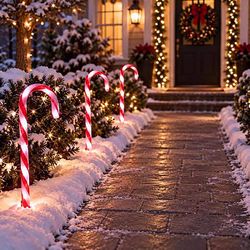 Celebrations 3 PC Multi-Function, LED Warm White White Candy Cane w/Red Stripes 27 in. Pathway Decor