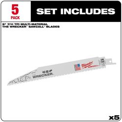 Milwaukee The Wrecker 9 in. Bi-Metal Demolition Reciprocating Saw Blade 7/11 TPI 5 pk