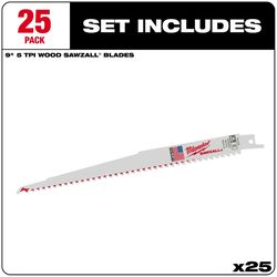 Milwaukee Sawzall 9 in. High Speed Steel Reciprocating Saw Blade 5 TPI 25 pk