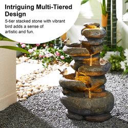 Glitzhome Polyresin/Stone Gray 23 in. H 5-Tier Stacked Stone  Outdoor Fountain