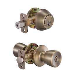 Ace Tulip Knob Antique Brass Deadbolt and Entry Door Knob KW1 1-3/4 in.