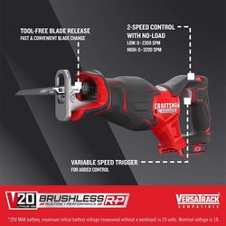 CRAFTSMAN V20 RP Cordless Brushless Reciprocating Saw Tool Only