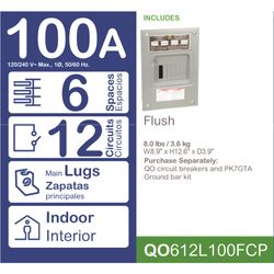 Square D QO 100 amps 120/240 V 6 space 12 circuits Combination Mount Main Lug Load Center
