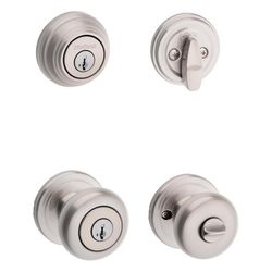 Kwikset Juno SmartKey Security Traditional Satin Nickel Deadbolt and Entry Door Knob KW1 1-3/4 in.