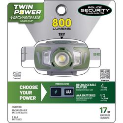 Police Security Twin Power 800 lm Gray/Green LED Rechargeable Head Lamp AAA Battery