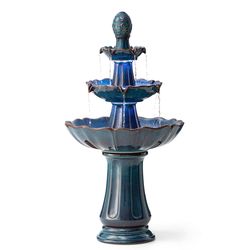 Glitzhome Ceramic Turquoise 45 in. H Pedestal Lotus Outdoor Fountain
